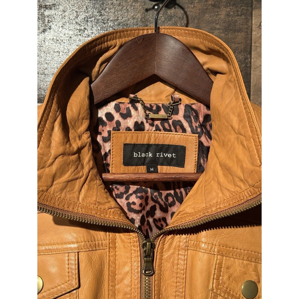 RARE-Black Rivet Wilson Leather Moto Jacket Y2K M Cognac Brown Genuine Biker - Picture 2 of 16